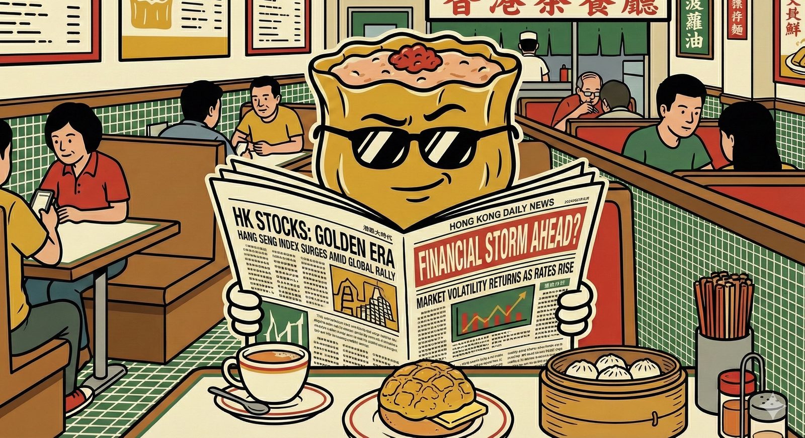 DimSumInsider mascot reading Hong Kong stock market news